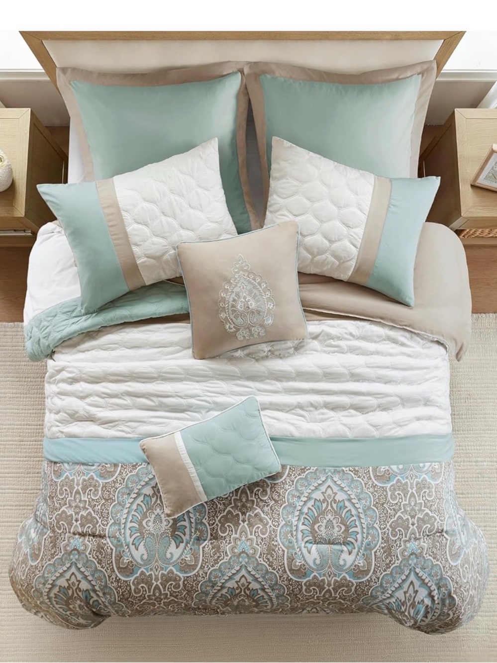 Aqua & Taupe Damask 8-Piece Comforter Set - Elegant Home Bedding